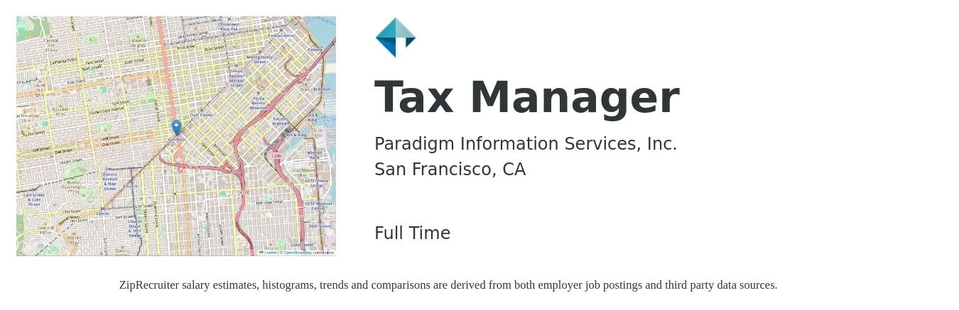 Paradigm Information Services, Inc. job posting for a Tax Manager in San Francisco, CA with a salary of $130,800 to $171,400 Yearly with a map of San Francisco location.