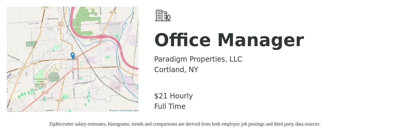 Paradigm Properties, LLC job posting for a Office Manager in Cortland, NY with a salary of $22 Hourly and benefits including pto with a map of Cortland location.
