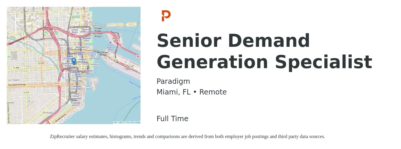 Paradigm job posting for a Senior Demand Generation Specialist in Miami, FL with a salary of $74,600 to $92,300 Yearly with a map of Miami location.