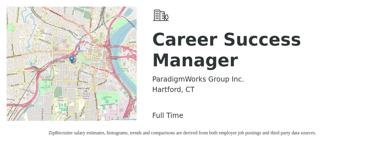 ParadigmWorks Group Inc. job posting for a Career Success Manager in Hartford, CT with a map of Hartford location.