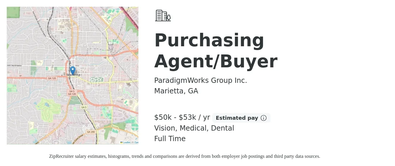 ParadigmWorks Group Inc. job posting for a Purchasing Agent/Buyer in Marietta, GA with a salary of $50,000 to $53,000 Yearly and benefits including retirement, vision, dental, life_insurance, medical, and pto with a map of Marietta location.