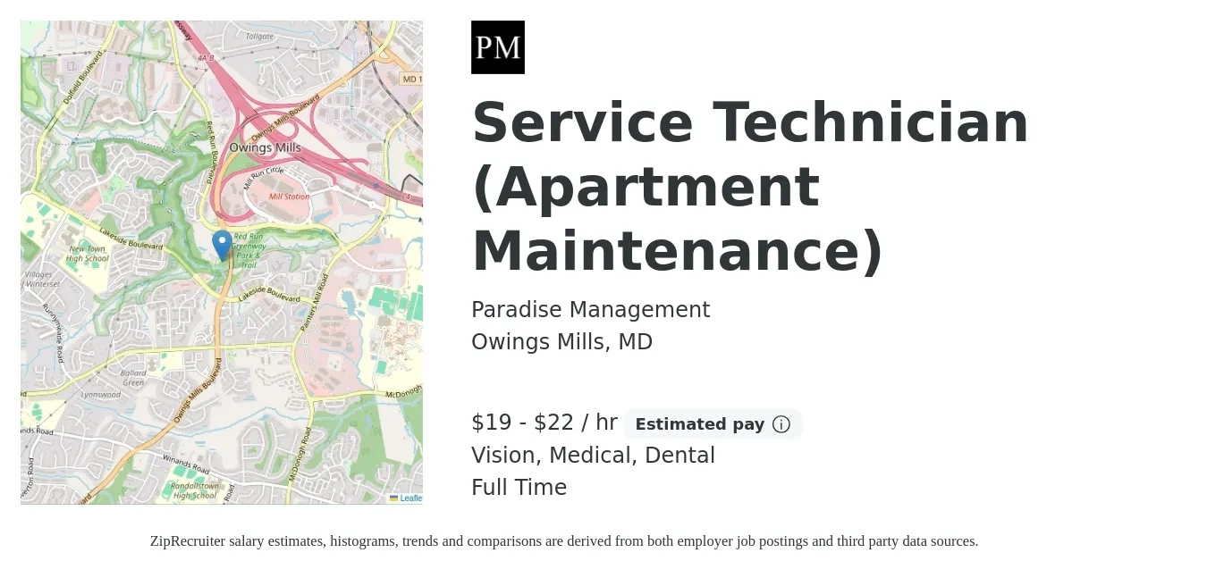 Paradise Management job posting for a Service Technician (Apartment Maintenance) in Owings Mills, MD with a salary of $20 to $23 Hourly and benefits including medical, retirement, vision, dental, and life_insurance with a map of Owings Mills location.