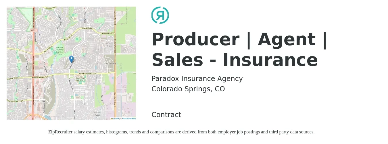 Paradox Insurance Agency job posting for a Producer | Agent | Sales - Insurance in Colorado Springs, CO with a salary of $41,900 to $58,100 Yearly with a map of Colorado Springs location.