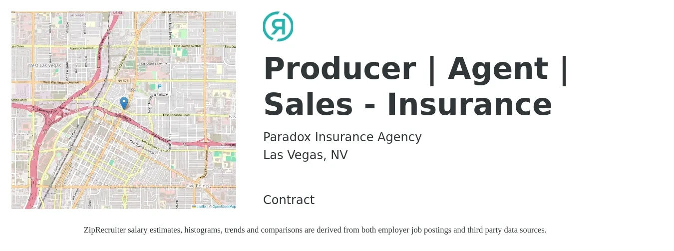 Paradox Insurance Agency job posting for a Producer | Agent | Sales - Insurance in Las Vegas, NV with a salary of $40,600 to $56,400 Yearly with a map of Las Vegas location.