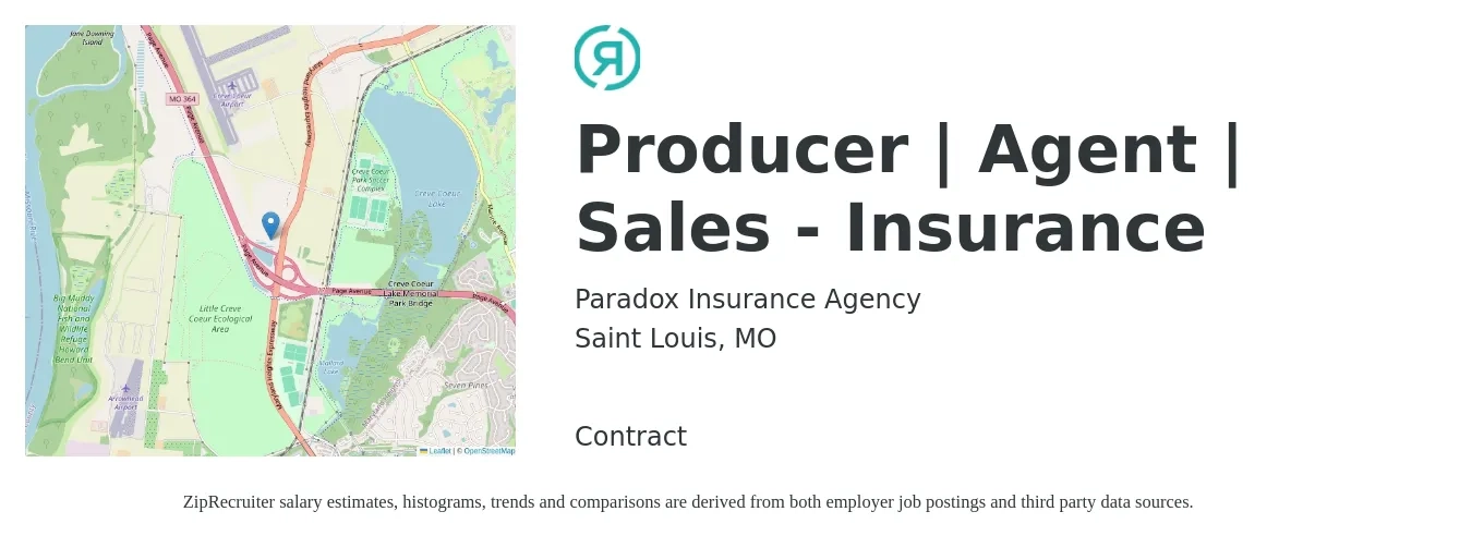 Paradox Insurance Agency job posting for a Producer | Agent | Sales - Insurance in Saint Louis, MO with a salary of $41,300 to $57,400 Yearly with a map of Saint Louis location.