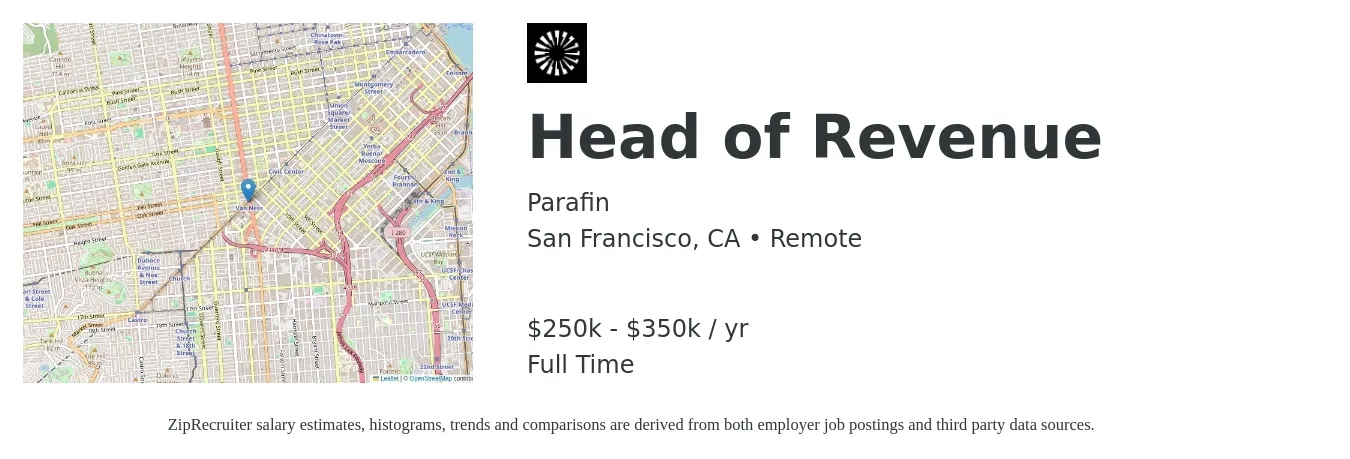 Parafin job posting for a Head of Revenue in San Francisco, CA with a salary of $250,000 to $350,000 Yearly with a map of San Francisco location.