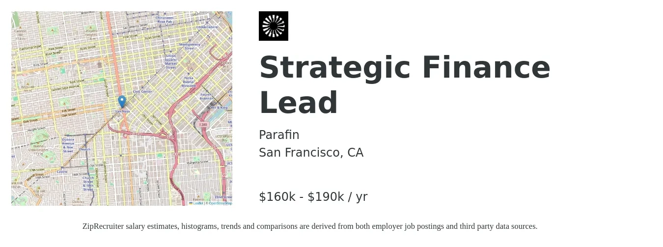 Parafin job posting for a Strategic Finance Lead in San Francisco, CA with a salary of $160,000 to $190,000 Yearly with a map of San Francisco location.