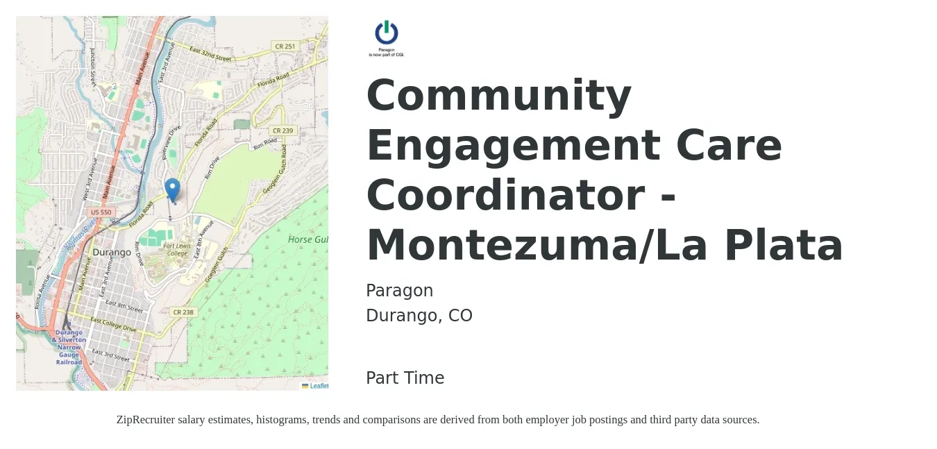 Paragon job posting for a Community Engagement Care Coordinator - Montezuma/La Plata in Durango, CO with a salary of $23 to $31 Hourly with a map of Durango location.