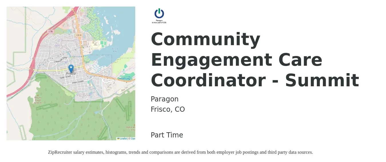 Paragon job posting for a Community Engagement Care Coordinator - Summit in Frisco, CO with a salary of $23 to $31 Hourly with a map of Frisco location.