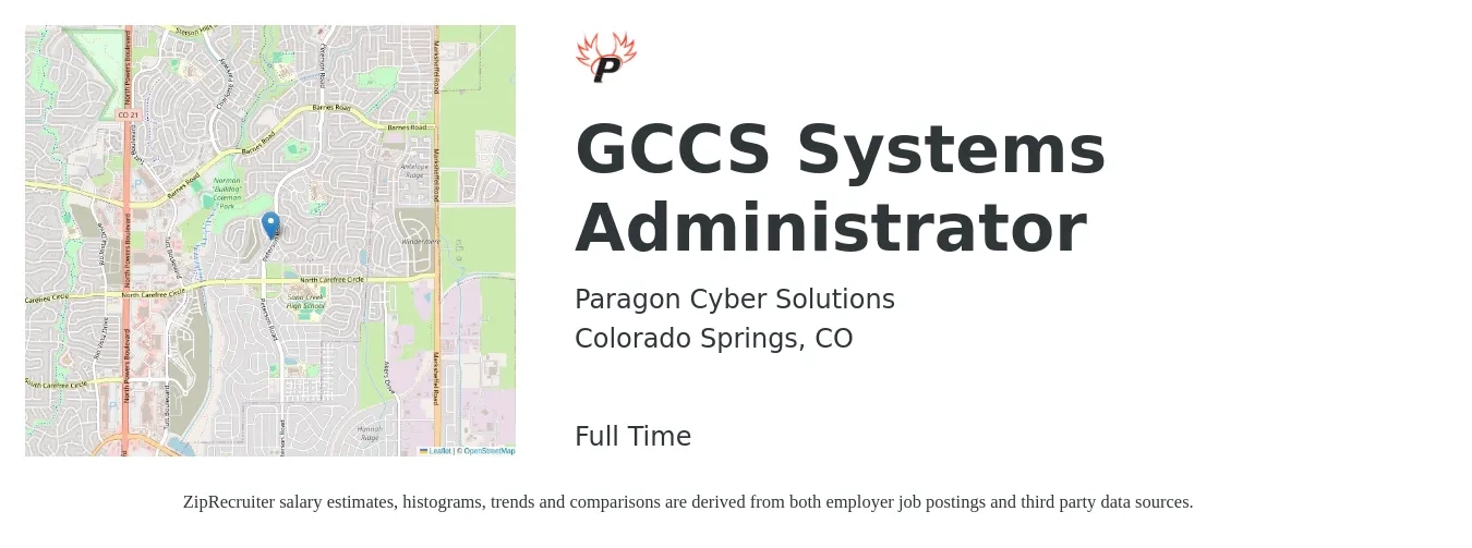 Paragon Cyber Solutions job posting for a GCCS Systems Administrator in Colorado Springs, CO with a salary of $69,000 to $102,500 Yearly with a map of Colorado Springs location.