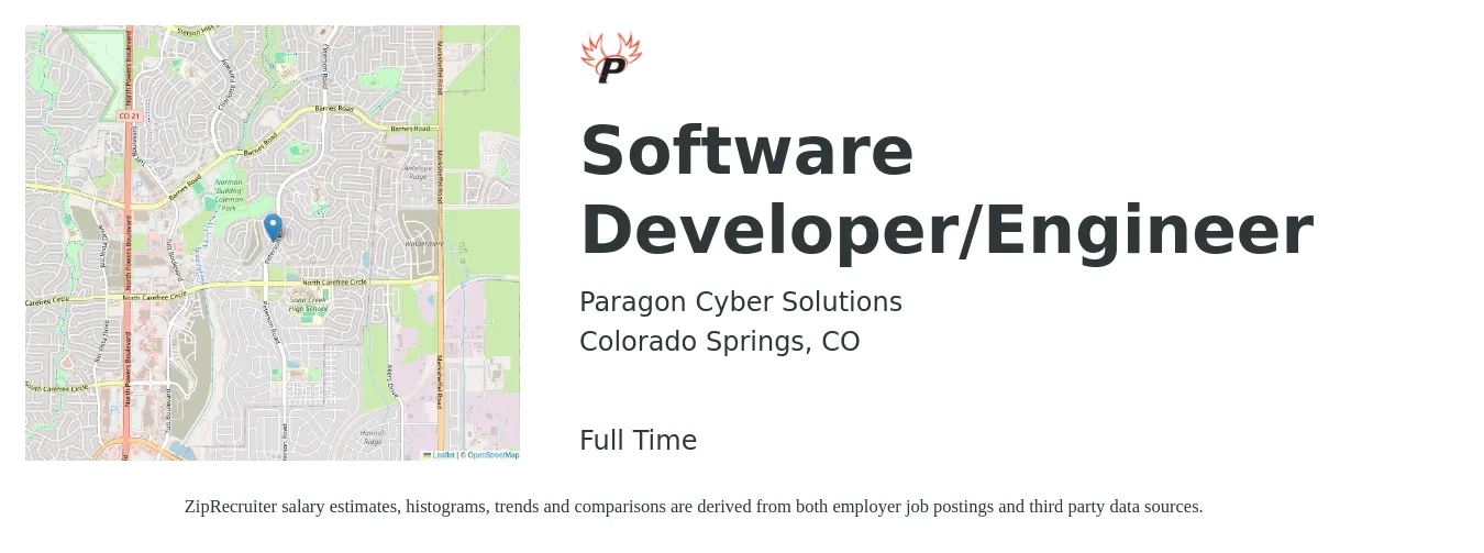 Paragon Cyber Solutions job posting for a Software Developer/Engineer in Colorado Springs, CO with a salary of $88,700 to $128,100 Yearly with a map of Colorado Springs location.