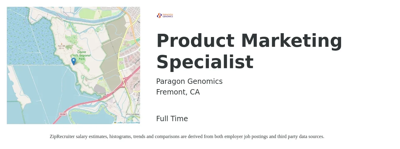 Paragon Genomics job posting for a Product Marketing Specialist in Fremont, CA with a salary of $70,000 to $110,000 Yearly with a map of Fremont location.