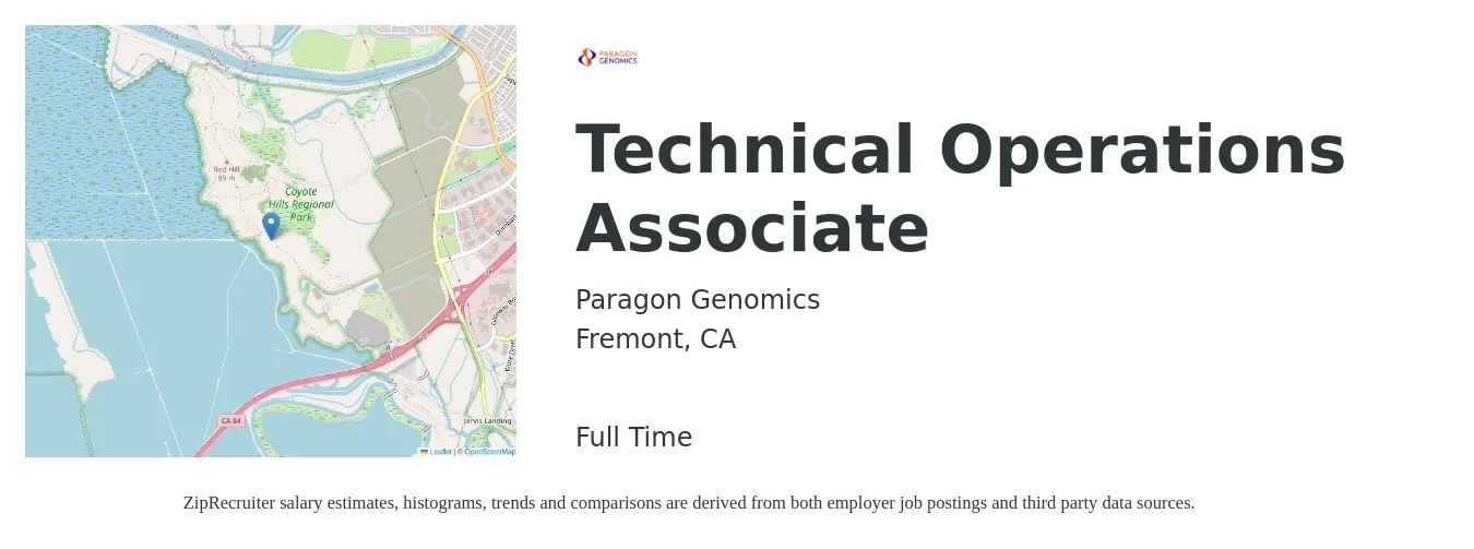 Paragon Genomics job posting for a Technical Operations Associate in Fremont, CA with a salary of $23 to $32 Hourly with a map of Fremont location.