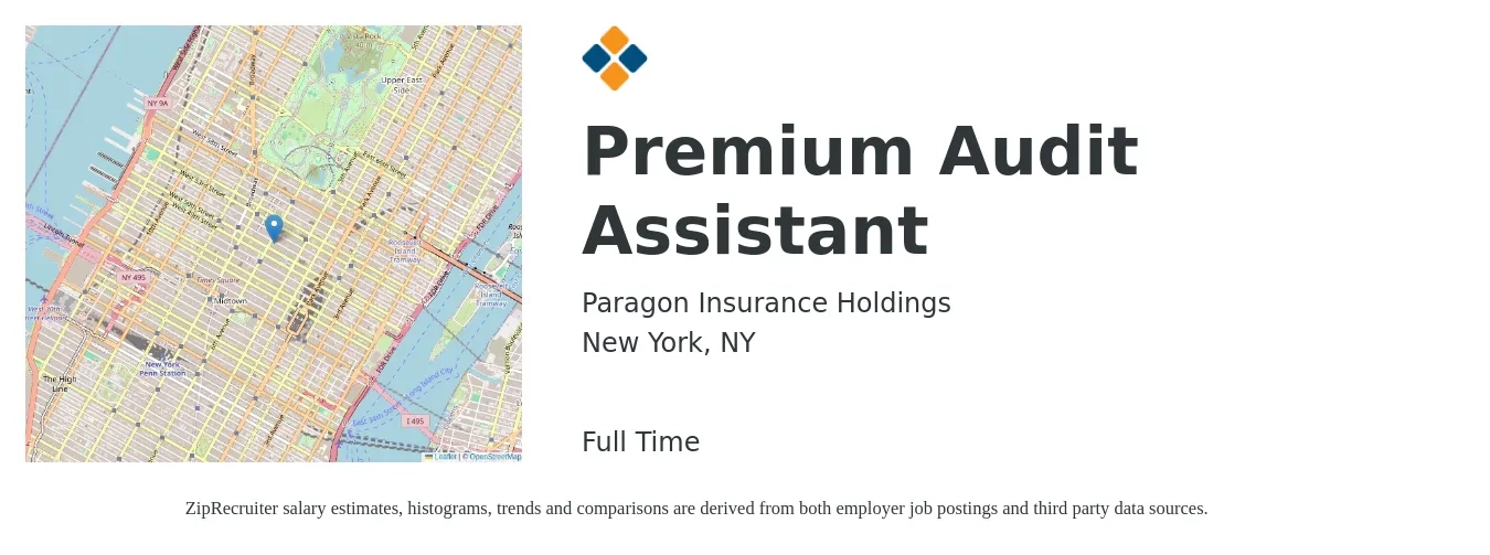 Paragon Insurance Holdings job posting for a Premium Audit Assistant in New York, NY with a salary of $62,400 to $90,800 Yearly with a map of New York location.