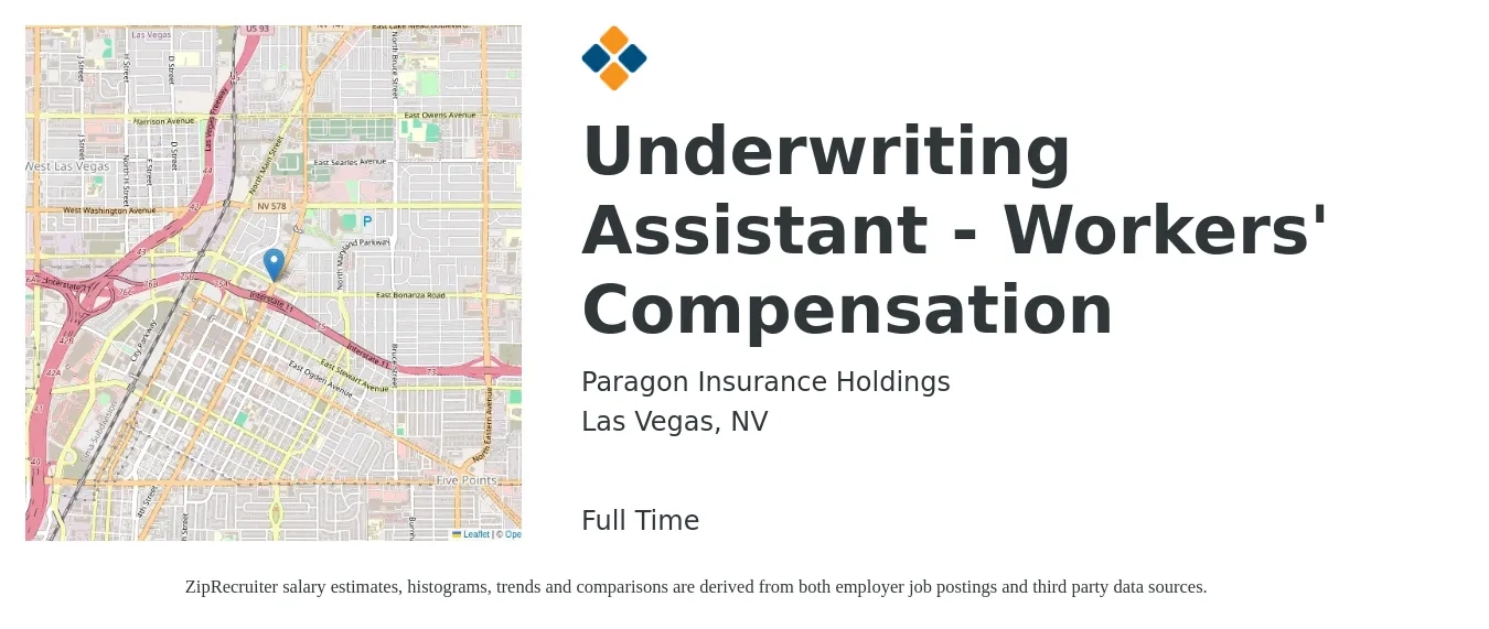 Paragon Insurance Holdings job posting for a Underwriting Assistant - Workers' Compensation in Las Vegas, NV with a salary of $18 to $26 Hourly with a map of Las Vegas location.