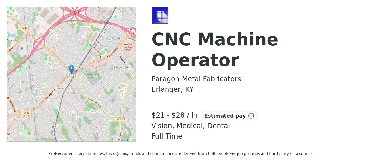Paragon Metal Fabricators job posting for a CNC Machine Operator in Erlanger, KY with a salary of $22 to $30 Hourly and benefits including dental, medical, retirement, and vision with a map of Erlanger location.