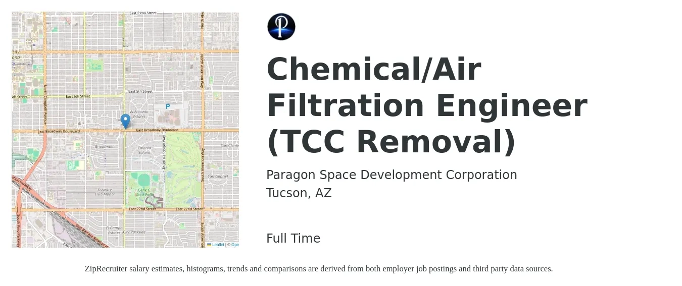 Paragon Space Development Corporation job posting for a Chemical/Air Filtration Engineer (TCC Removal) in Tucson, AZ with a salary of $58,000 to $91,600 Yearly with a map of Tucson location.