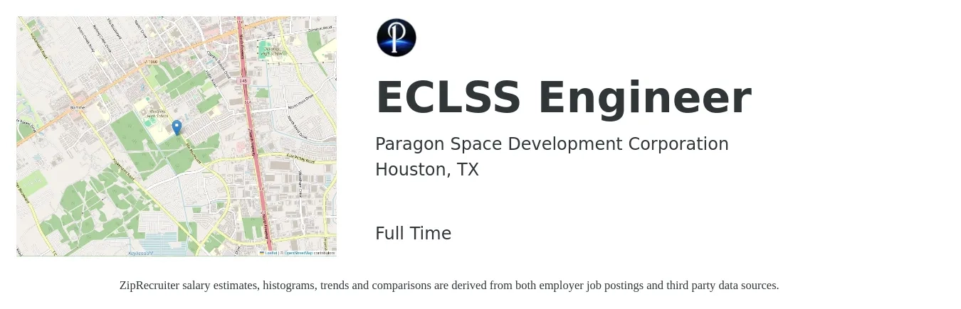 Paragon Space Development Corporation job posting for a ECLSS Engineer in Houston, TX with a salary of $80,200 to $111,200 Yearly with a map of Houston location.