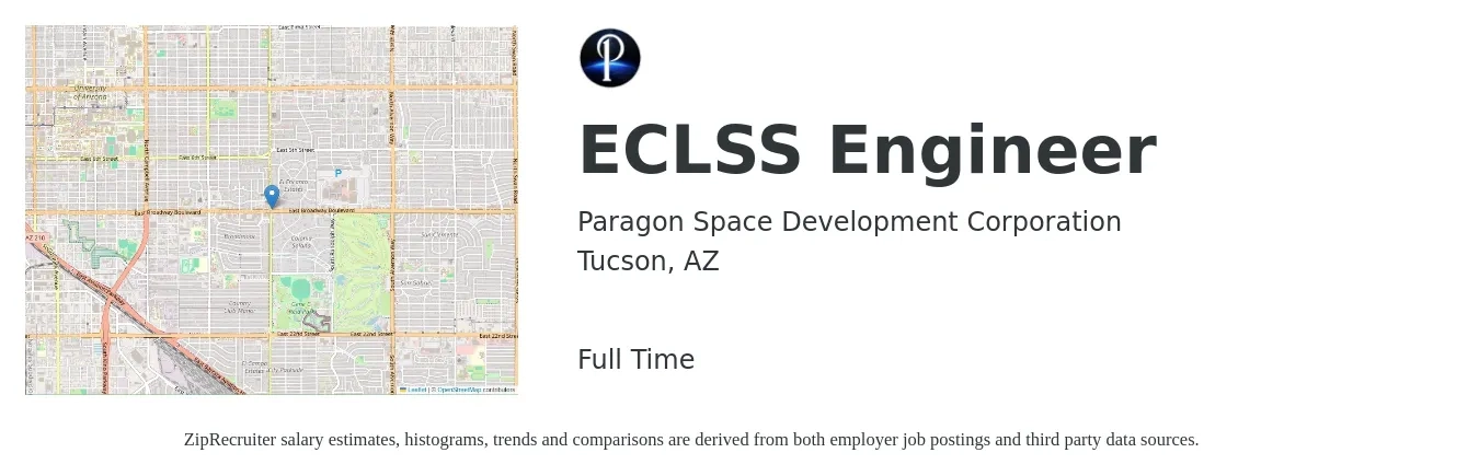 Paragon Space Development Corporation job posting for a ECLSS Engineer in Tucson, AZ with a salary of $72,200 to $100,200 Yearly with a map of Tucson location.