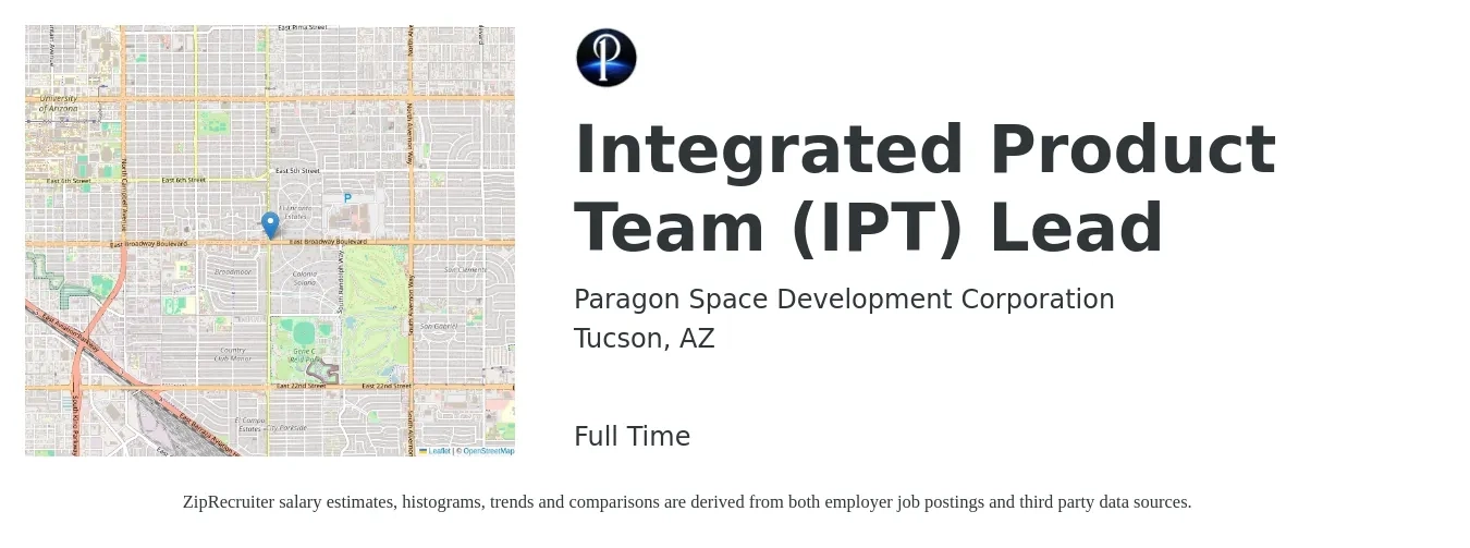Paragon Space Development Corporation job posting for a Integrated Product Team (IPT) Lead in Tucson, AZ with a salary of $16 to $22 Hourly with a map of Tucson location.