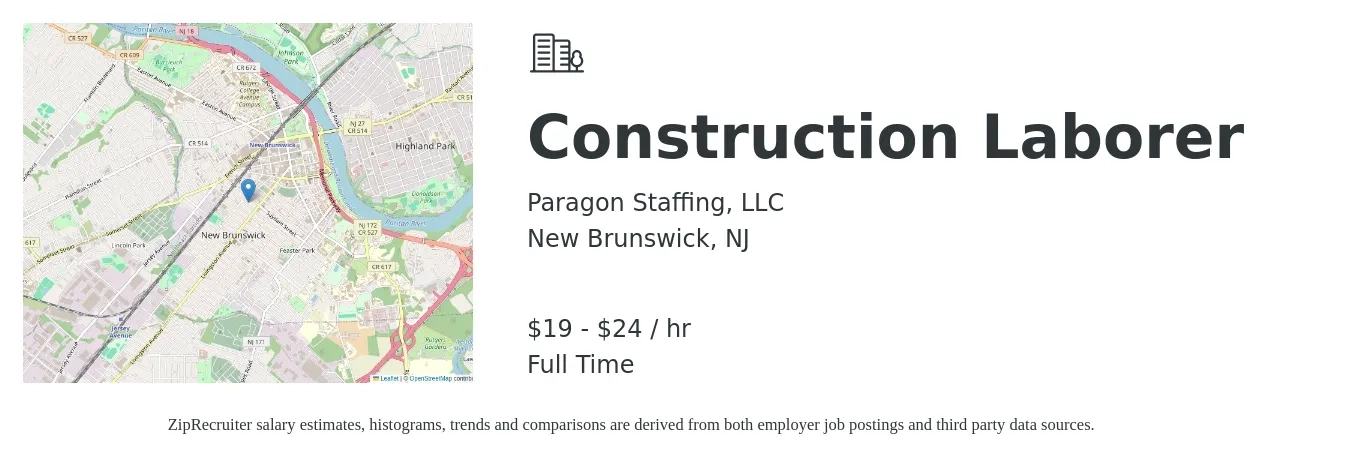 Paragon Staffing, LLC job posting for a Construction Laborer in New Brunswick, NJ with a salary of $20 to $25 Hourly with a map of New Brunswick location.