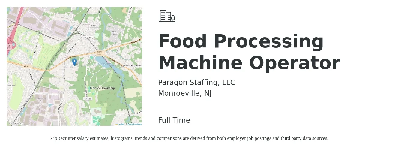 Paragon Staffing, LLC job posting for a Food Processing Machine Operator in Monroeville, NJ with a salary of $25 Hourly with a map of Monroeville location.