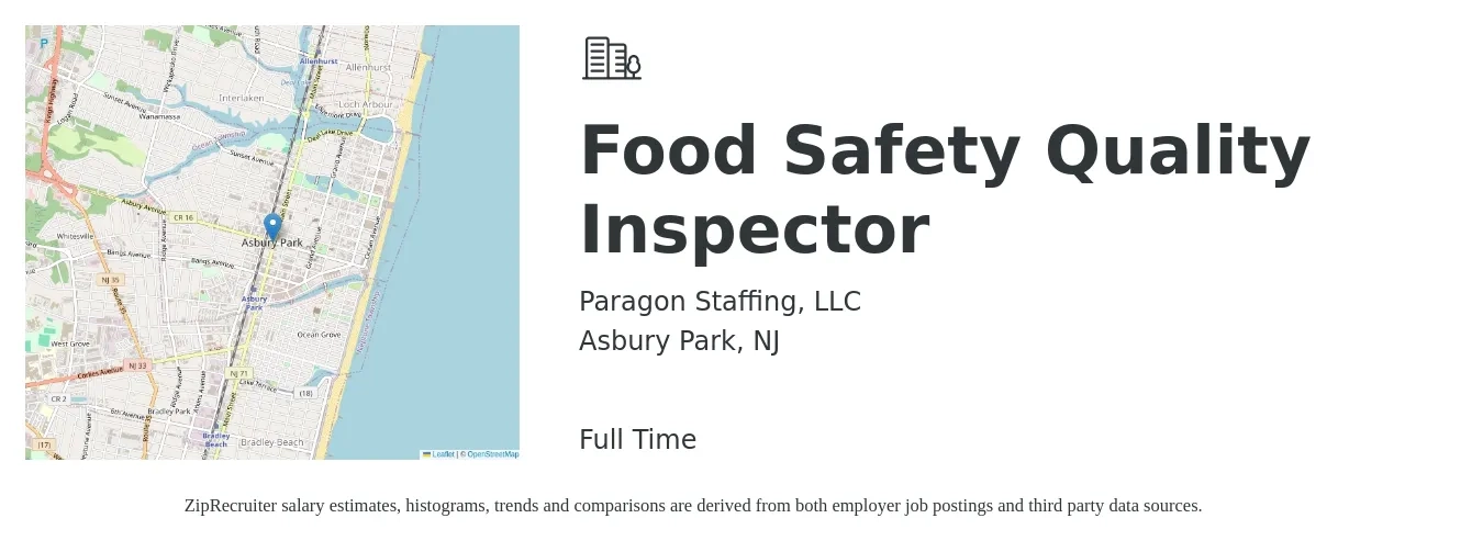 Paragon Staffing, LLC job posting for a Food Safety Quality Inspector in Asbury Park, NJ with a salary of $20 Hourly with a map of Asbury Park location.