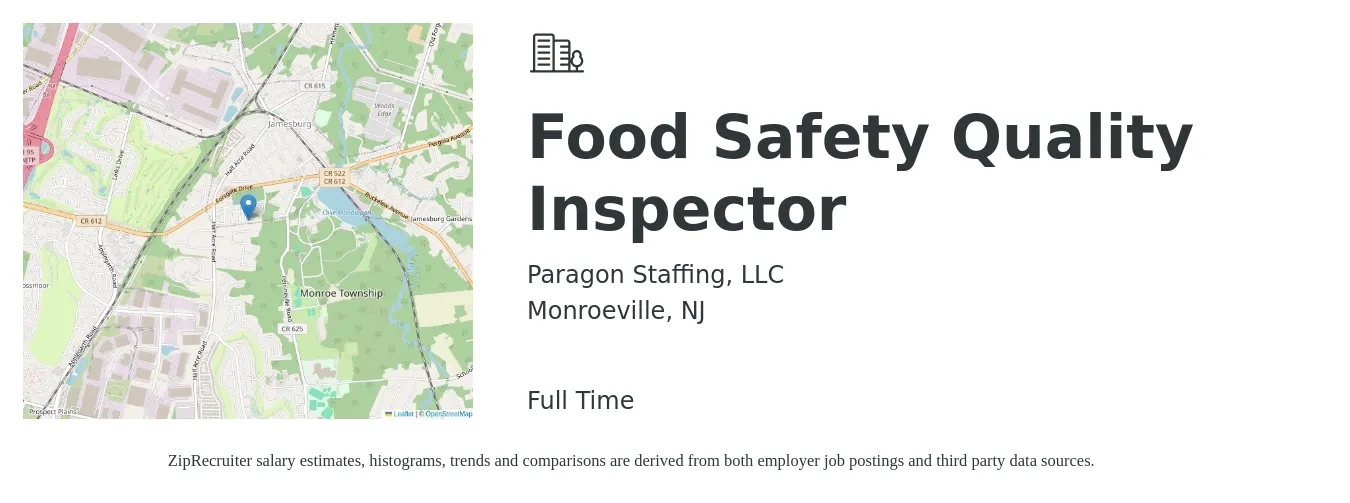 Paragon Staffing, LLC job posting for a Food Safety Quality Inspector in Monroeville, NJ with a salary of $20 to $24 Hourly with a map of Monroeville location.