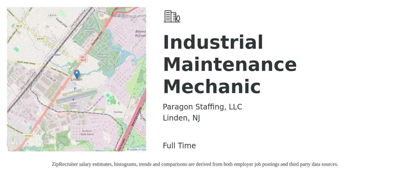 Paragon Staffing, LLC job posting for a Industrial Maintenance Mechanic in Linden, NJ with a salary of $45 Hourly with a map of Linden location.