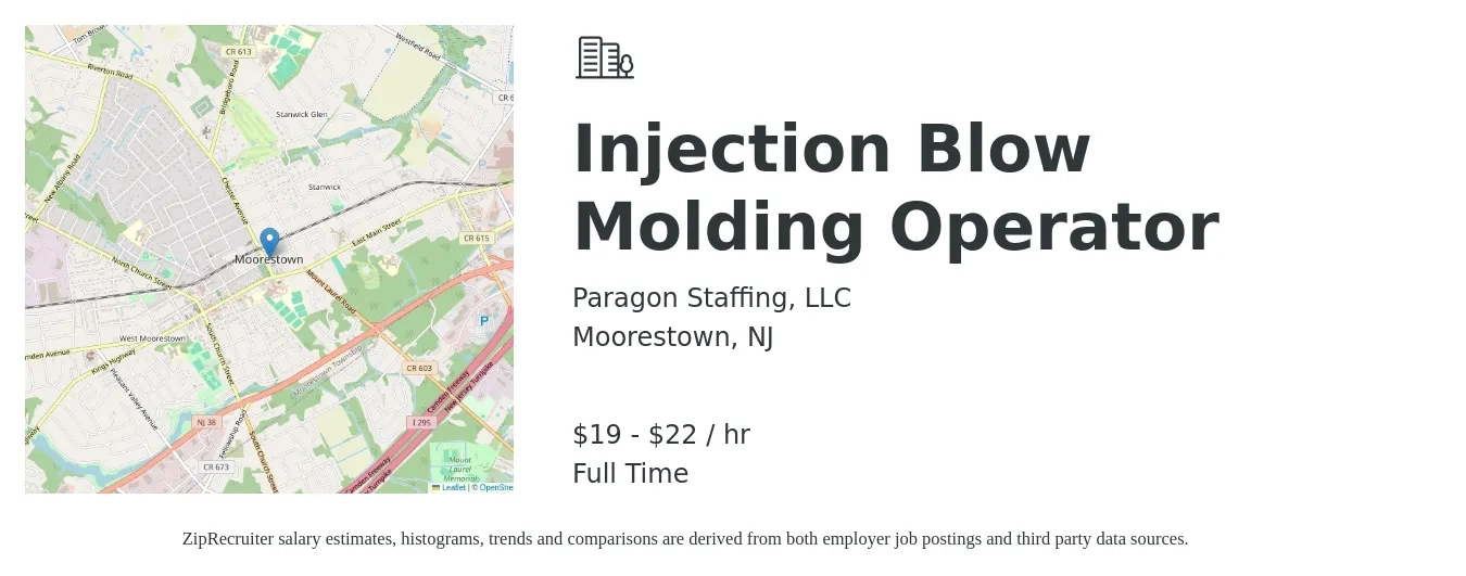Paragon Staffing, LLC job posting for a Injection Blow Molding Operator in Moorestown, NJ with a salary of $20 to $23 Hourly with a map of Moorestown location.