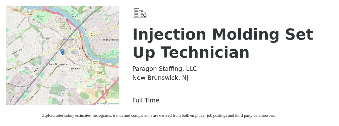 Paragon Staffing, LLC job posting for a Injection Molding Set Up Technician in New Brunswick, NJ with a salary of $25 to $28 Hourly with a map of New Brunswick location.