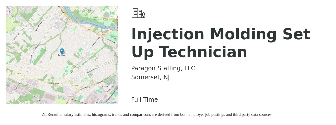 Paragon Staffing, LLC job posting for a Injection Molding Set Up Technician in Somerset, NJ with a salary of $25 to $28 Hourly with a map of Somerset location.