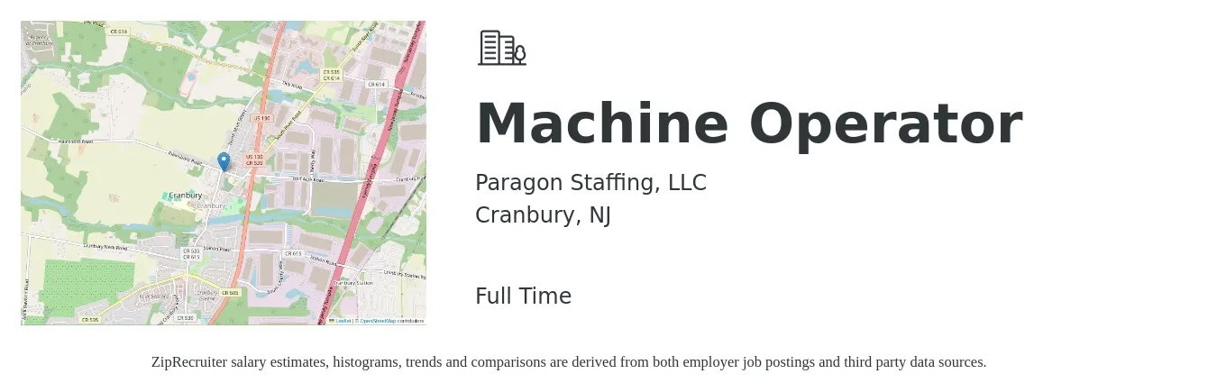 Paragon Staffing, LLC job posting for a Machine Operator in Cranbury, NJ with a salary of $25 Hourly with a map of Cranbury location.