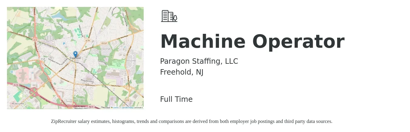 Paragon Staffing, LLC job posting for a Machine Operator in Freehold, NJ with a salary of $25 Hourly with a map of Freehold location.