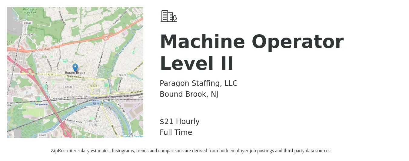 Paragon Staffing, LLC job posting for a Machine Operator Level II in Bound Brook, NJ with a salary of $22 Hourly with a map of Bound Brook location.