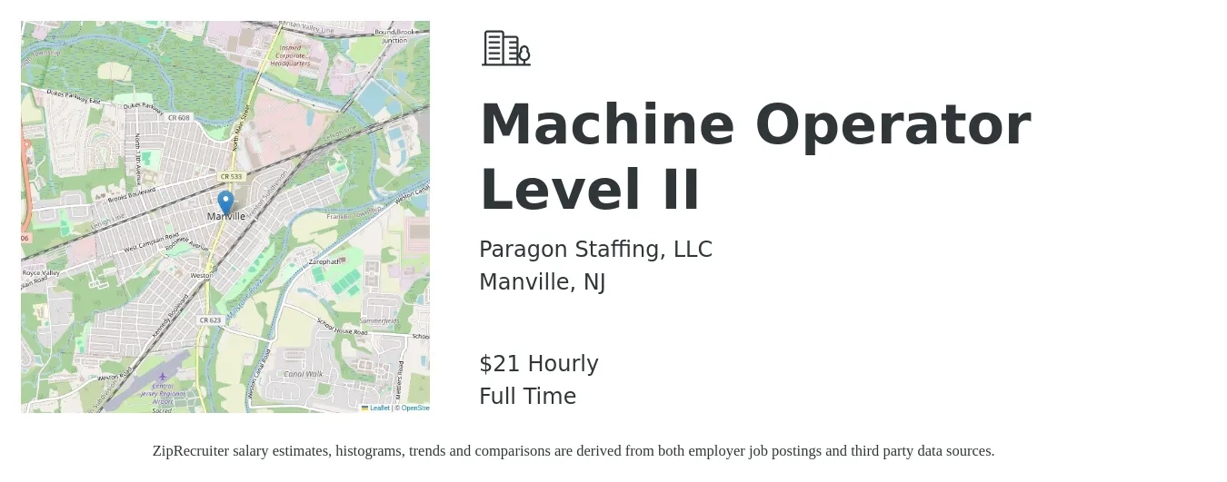 Paragon Staffing, LLC job posting for a Machine Operator Level II in Manville, NJ with a salary of $22 Hourly with a map of Manville location.