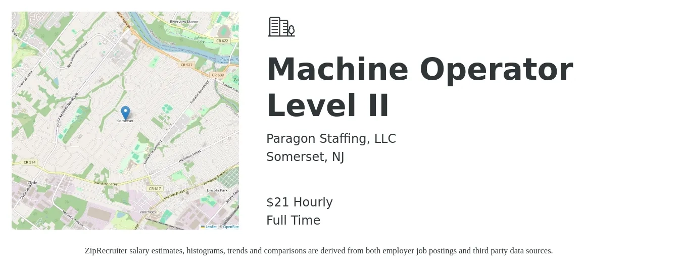 Paragon Staffing, LLC job posting for a Machine Operator Level II in Somerset, NJ with a salary of $22 Hourly with a map of Somerset location.