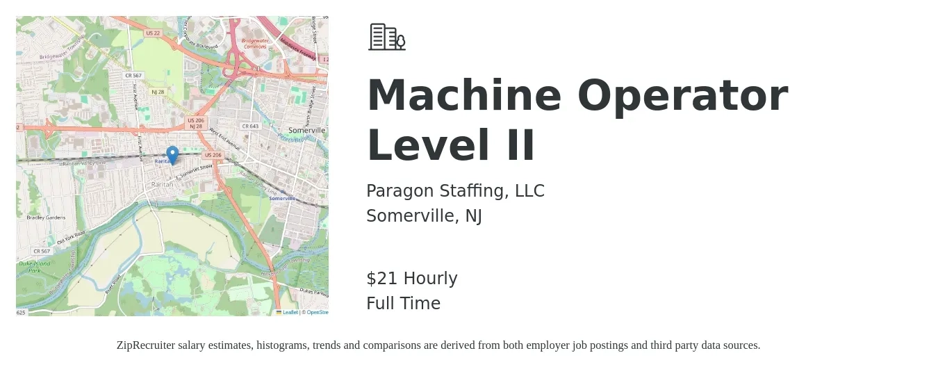 Paragon Staffing, LLC job posting for a Machine Operator Level II in Somerville, NJ with a salary of $22 Hourly with a map of Somerville location.