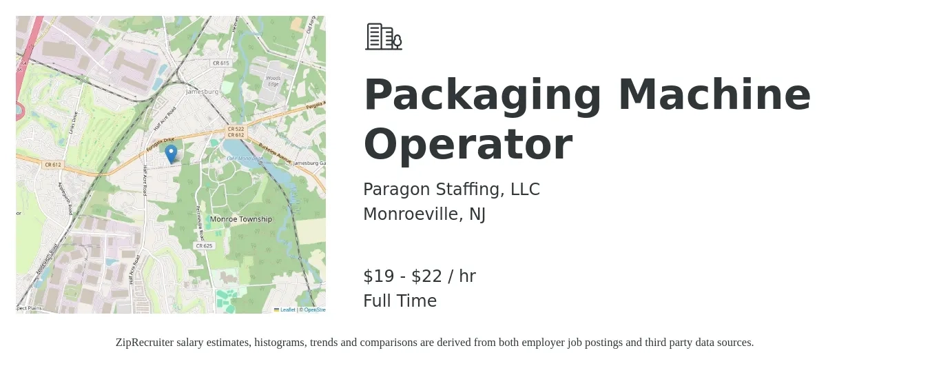 Paragon Staffing, LLC job posting for a Packaging Machine Operator in Monroeville, NJ with a salary of $20 to $23 Hourly with a map of Monroeville location.