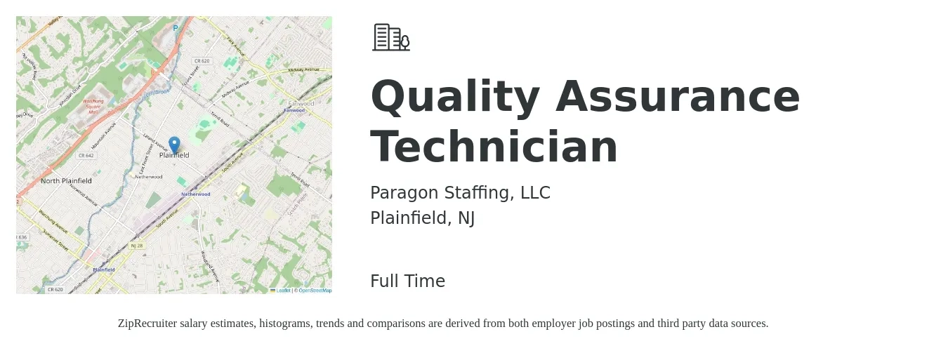 Paragon Staffing, LLC job posting for a Quality Assurance Technician in Plainfield, NJ with a salary of $23 Hourly with a map of Plainfield location.