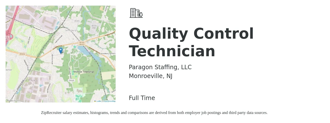 Paragon Staffing, LLC job posting for a Quality Control Technician in Monroeville, NJ with a salary of $22 Hourly with a map of Monroeville location.