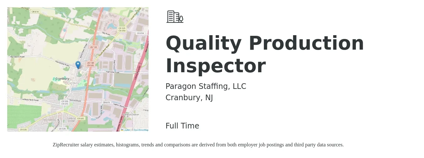 Paragon Staffing, LLC job posting for a Quality Production Inspector in Cranbury, NJ with a salary of $22 to $24 Hourly with a map of Cranbury location.