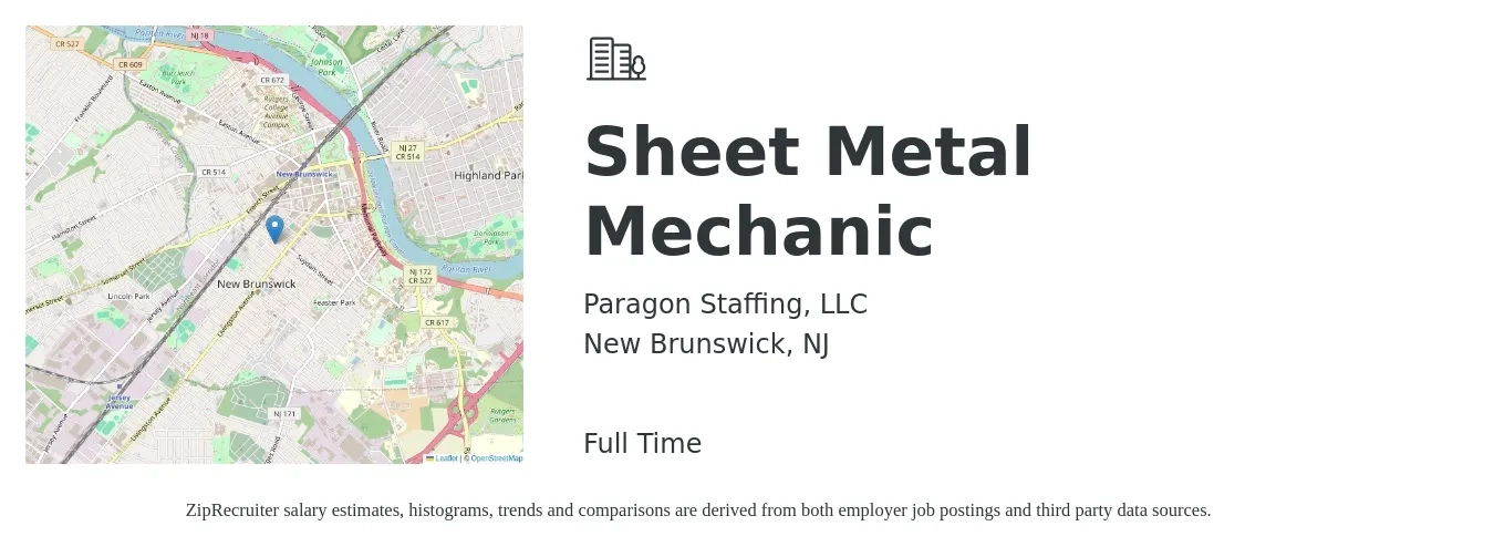 Paragon Staffing, LLC job posting for a Sheet Metal Mechanic in New Brunswick, NJ with a salary of $20 to $25 Hourly with a map of New Brunswick location.