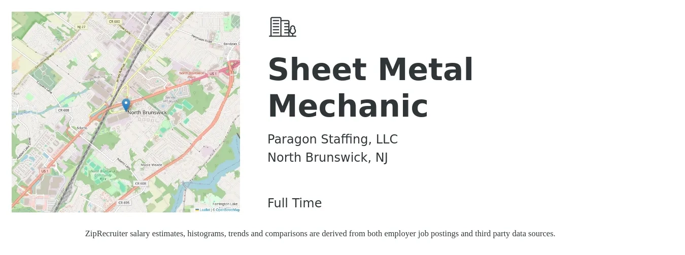 Paragon Staffing, LLC job posting for a Sheet Metal Mechanic in North Brunswick, NJ with a salary of $20 to $25 Hourly with a map of North Brunswick location.