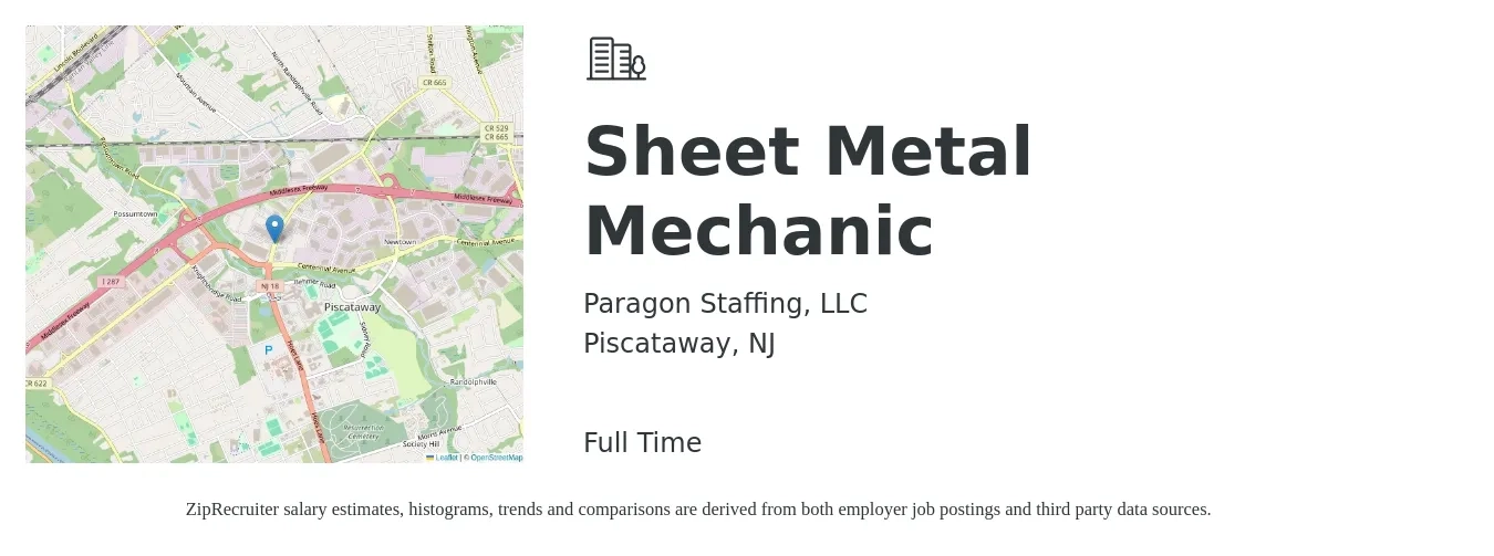 Paragon Staffing, LLC job posting for a Sheet Metal Mechanic in Piscataway, NJ with a salary of $20 to $25 Hourly with a map of Piscataway location.