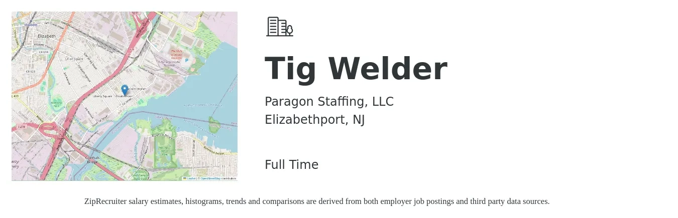Paragon Staffing, LLC job posting for a Tig Welder in Elizabethport, NJ with a salary of $30 to $35 Hourly with a map of Elizabethport location.