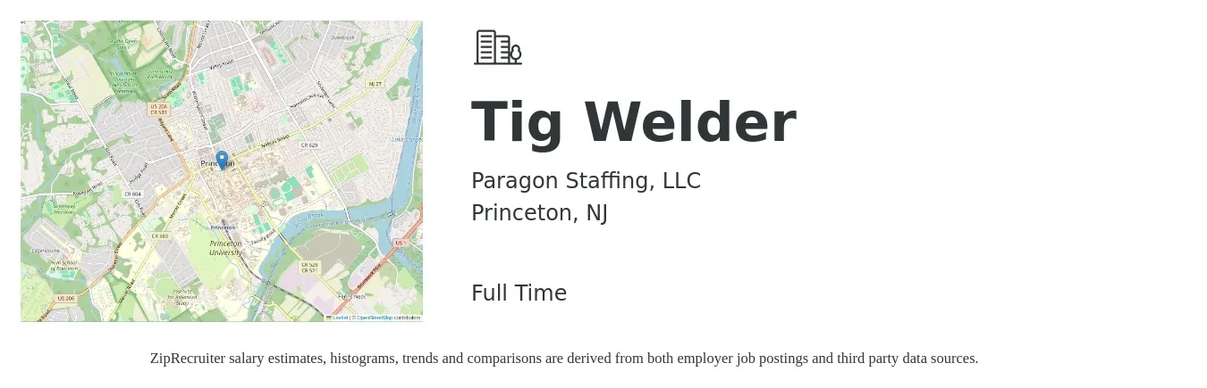 Paragon Staffing, LLC job posting for a Tig Welder in Princeton, NJ with a salary of $27 to $35 Hourly with a map of Princeton location.