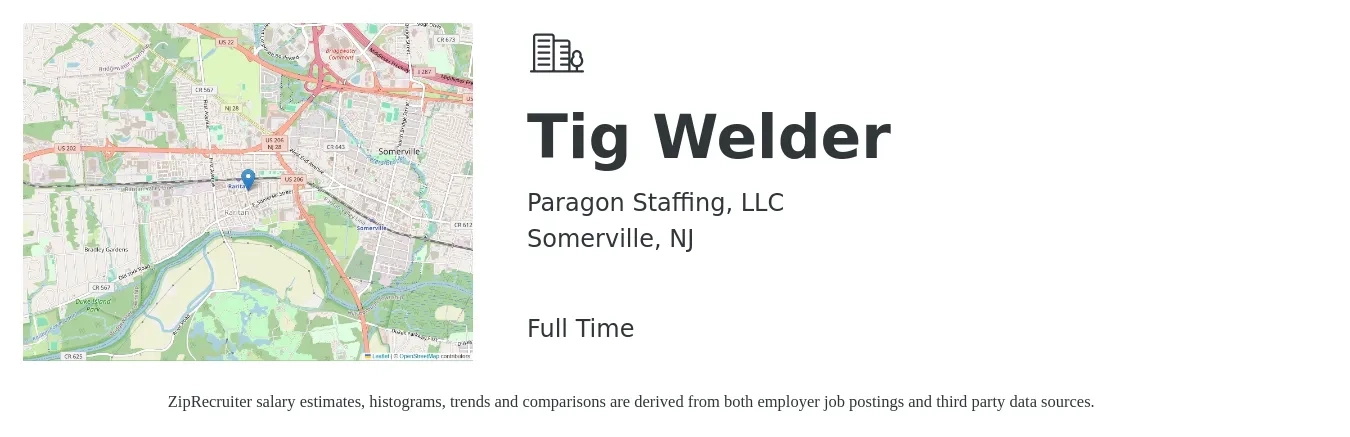 Paragon Staffing, LLC job posting for a Tig Welder in Somerville, NJ with a salary of $27 to $35 Hourly with a map of Somerville location.