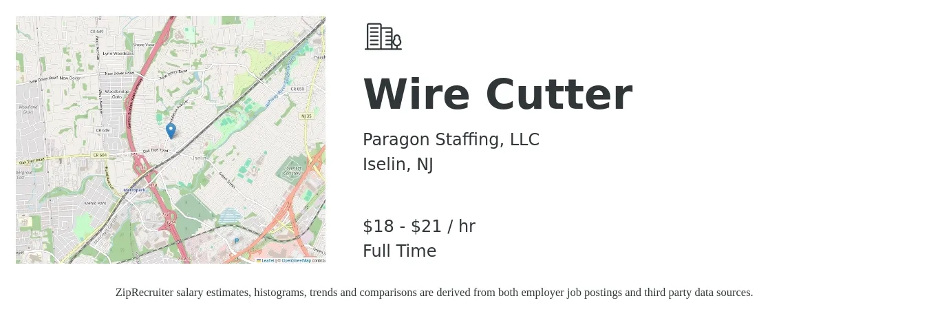 Paragon Staffing, LLC job posting for a Wire Cutter in Iselin, NJ with a salary of $19 to $22 Hourly with a map of Iselin location.