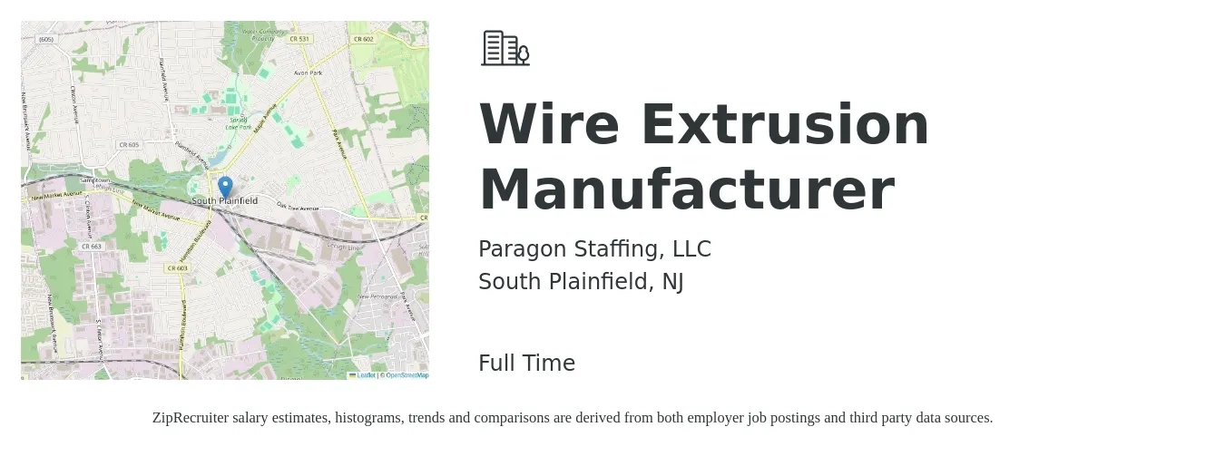 Paragon Staffing, LLC job posting for a Wire Extrusion Manufacturer in South Plainfield, NJ with a salary of $20 to $22 Hourly with a map of South Plainfield location.